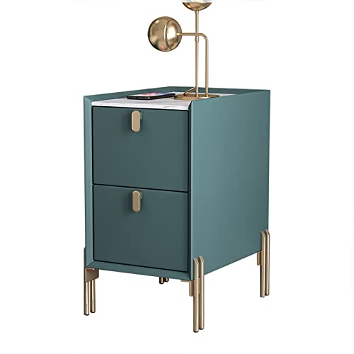 QHLIANGL Moderner Beistelltisch im Mid-Century-Stil | Schmaler Nachttisch mit 2 Schubladen | Minimalistische Platte aus Sinterstein | Dunkelgrün für kleine Räume | 35 x 35 x 55 cm von QHLIANGL
