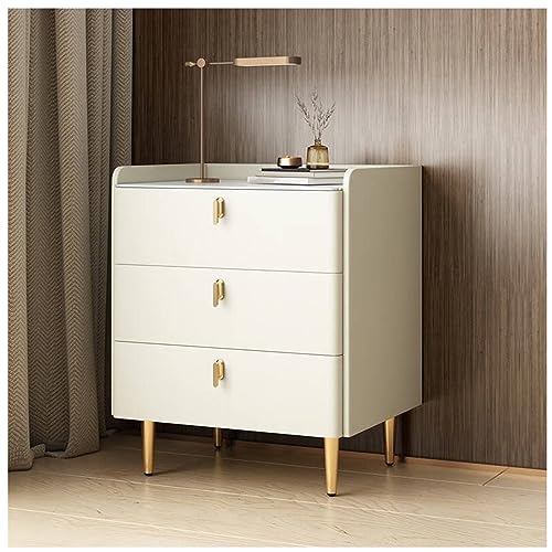 QHLIANGL Nachttisch im Mid-Century-Modern-Stil – Nachttisch aus Kunstleder mit Marmormuster auf der Sintersteinplatte, 3 Schubladen aus Holz für das Schlafzimmer, Elegantes Beige-Finish von QHLIANGL