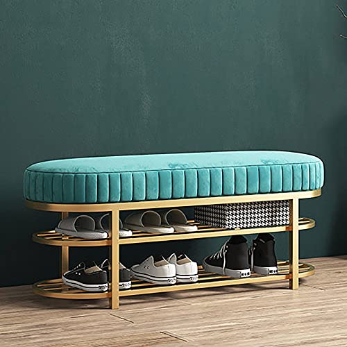 QHLMLL Bequeme Samt-Eingangsbank, modernes Schuhregal, Bank mit 2-stöckigem goldenem Schuhregal, Premium-Schuhregal für Flur, Veranda, Schuhaufbewahrung, Organizer, Blau, 80 x 32 x 43 cm QHLMLL Bequeme Samt-Eingangsbank, modernes Schuhregal, Bank mit 2-stöckigem goldenem Schuhregal, Premium-Schuhregal für Flur, Veranda, Schuhaufbewahrung, Organizer, Blau, 80 x 32 x 43 cm von QHLMLL