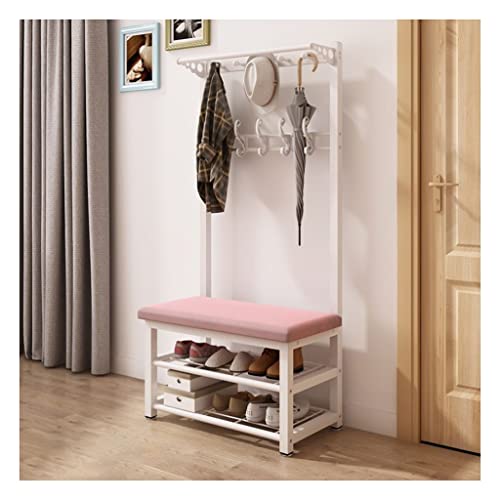 QHLMLL Garderobenständer Kleiderstange 4-in-1 Kleiderschrank Schuhbank mit 15 Haken Industrielle Eingangsgarderobe Metall-Akzentmöbel mit Metallrahmen Einfache Montage (Weiß + Rosa 100 x 33 x 172 c von QHLMLL