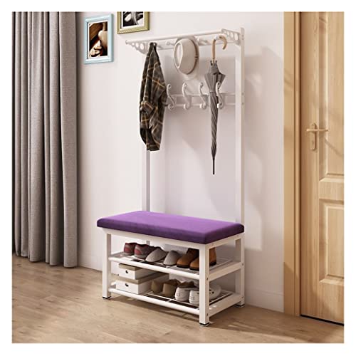 QHLMLL Garderobenständer Kleiderstange 4-in-1 Kleiderschrank Schuhbank mit 15 Haken Industrielle Eingangsgarderobe Metall-Akzentmöbel mit Metallrahmen Einfache Montage (Weiß + Rosa 100 x 33 x 172 c von QHLMLL