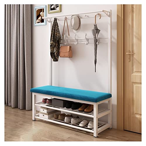 QHLMLL Garderobenständer Kleiderstange 4-in-1 Kleiderschrank Schuhbank mit 15 Haken Industrielle Eingangsgarderobe Metall-Akzentmöbel mit Metallrahmen Einfache Montage (Weiß + Rosa 100 x 33 x 172 c von QHLMLL