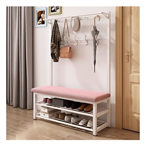QHLMLL Garderobenständer Kleiderstange 4-in-1 Kleiderschrank Schuhbank mit 15 Haken Industrielle Eingangsgarderobe Metall-Akzentmöbel mit Metallrahmen Einfache Montage (Weiß + Rosa 100 x 33 x 172 c von QHLMLL