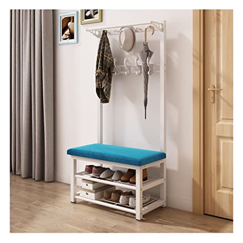 QHLMLL Garderobenständer Kleiderstange 4-in-1 Kleiderschrank Schuhbank mit 15 Haken Industrielle Eingangsgarderobe Metall-Akzentmöbel mit Metallrahmen Einfache Montage (Weiß + Rosa 100 x 33 x 172 c von QHLMLL