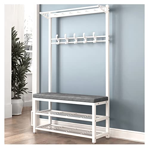 QHLMLL Garderobenständer Kleiderstange Garderobe Schuhbank 4-in-1 mit Sitzbank und Schuhablage für den Eingangsbereich robuste Standgarderobe Industrie-Akzentmöbel mit Metallrahmen (weiß + grün) von QHLMLL