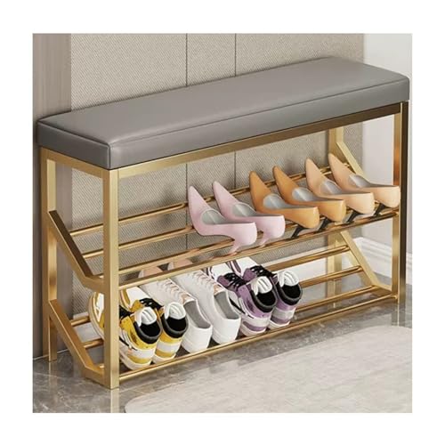 QHLMLL Industrielles Schuhregal, Aufbewahrungsbank mit Metallablagen, 2 Etagen, Schuhbank, Sitz-Organizer für den Eingangsbereich, Grau und Goldbeige, 60 cm von QHLMLL