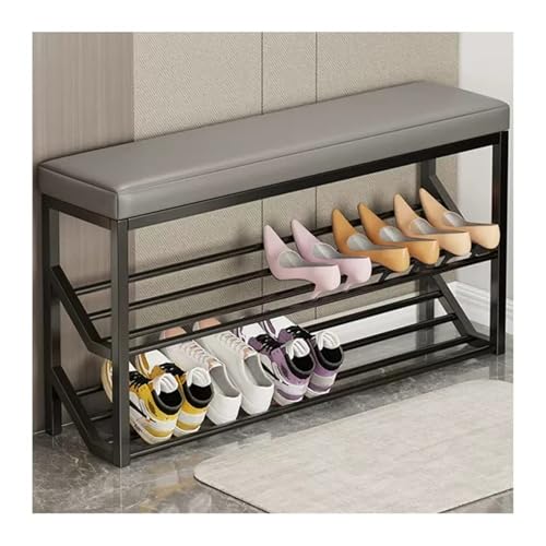QHLMLL Industrielles Schuhregal mit 2 Etagen, Aufbewahrungsbank mit Metallregalen und Sitz, Eingangsbereich, Organizer, Ständer, in Gold, Beige und Grau, 60 cm QHLMLL Industrielles Schuhregal mit 2 Etagen, Aufbewahrungsbank mit Metallregalen und Sitz, Eingangsbereich, Organizer, Ständer, in Gold, Beige und Grau, 60 cm von QHLMLL