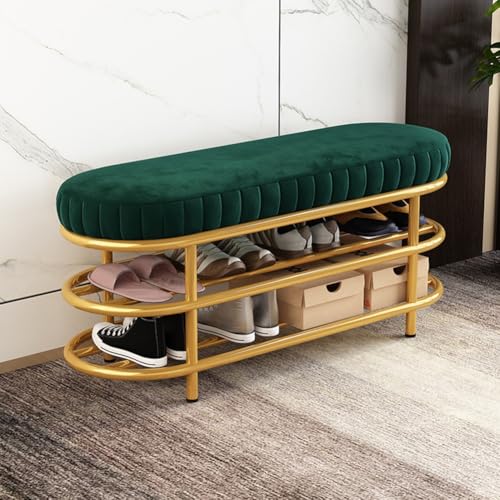 QHLMLL Luxuriöse Schuhbank aus grünem Samt mit goldfarbenem Metallrahmen, moderne, gepolsterte Eingangsbank für Schlafzimmer und Garderobe (80 x 35 x 44 cm) von QHLMLL