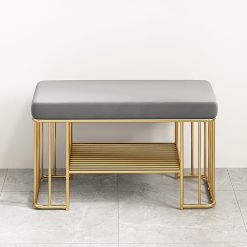 QHLMLL Moderne Samt-Schuhbank mit goldenem Rahmen, 2 Etagen, Schuhregal, Bank für Flur, gepolsterter Sitz für Komfort von QHLMLL