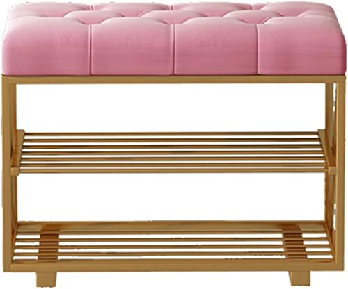 QHLMLL Moderne Schuhaufbewahrungsbank, nordisch, doppellagig, Schuhregal, Bank mit Flanellkissen, Eingang, Schuhwechselhocker, Schmiedeeisen, Schuhhocker, Gestell, Rosa (60 x 35 x 44 cm) von QHLMLL