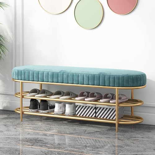 QHLMLL Moderne Schuhbank mit Metallrahmen, goldfarben, mit gepolstertem Kissen, gepolsterte Aufbewahrungsbank für Flur, Eingangsbereich, Wohnzimmer, Blau, 60 x 35 x 44 cm von QHLMLL