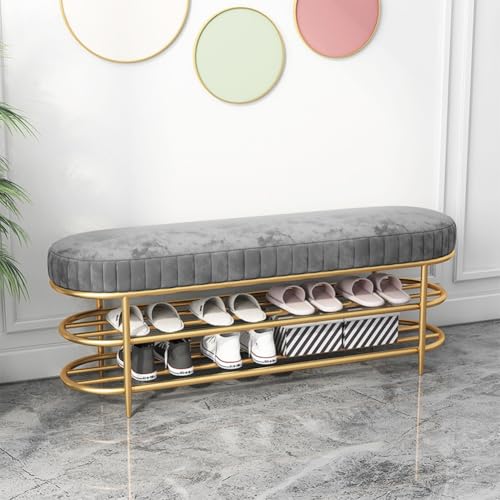QHLMLL Moderne Schuhbank mit goldfarbenem Metallrahmen und gepolstertem Kissen, hellgrau, gepolsterte Schuhbank für Eingangsbereich oder Wohnzimmer, 80 x 35 x 44 cm von QHLMLL