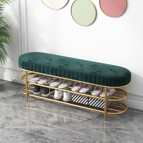 QHLMLL Moderne grüne Schuhbank mit goldfarbenem Metallrahmen und gepolstertem Kissen, stilvolle gepolsterte Aufbewahrungsbank für Flur, Eingangsbereich, Wohnzimmer, 80 x 35 x 44 cm QHLMLL Moderne grüne Schuhbank mit goldfarbenem Metallrahmen und gepolstertem Kissen, stilvolle gepolsterte Aufbewahrungsbank für Flur, Eingangsbereich, Wohnzimmer, 80 x 35 x 44 cm von QHLMLL