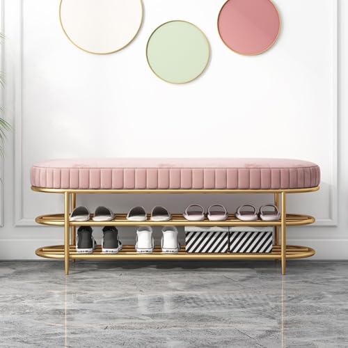 QHLMLL Moderne rosa Schuhbank mit goldfarbenem Metallrahmen und gepolstertem Kissen, stilvolle gepolsterte Aufbewahrungsbank für Flur, Eingangsbereich, Wohnzimmer, 60 x 35 x 44 cm von QHLMLL
