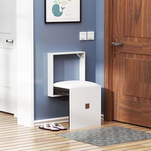 QHLMLL Platzsparender Klapphocker und Schuhbank aus Holz zur Wandmontage, mit Lederkissen, für Eingangsbereich oder Flur, inklusive Duschbank, Weiß von QHLMLL