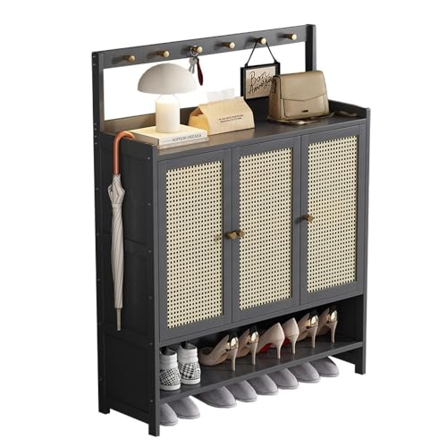 QHLMLL Rattan-Schuhschrank mit Haken und Türen, schmales Schuhregal für Wohnzimmer, Flur, platzsparend, Schuhbank, Eingangshalle, 98 cm, Grau QHLMLL Rattan-Schuhschrank mit Haken und Türen, schmales Schuhregal für Wohnzimmer, Flur, platzsparend, Schuhbank, Eingangshalle, 98 cm, Grau von QHLMLL