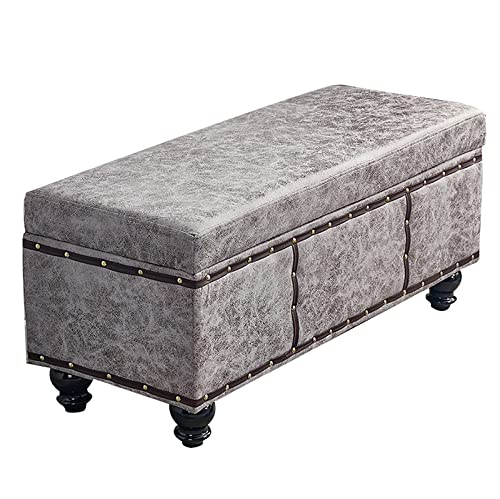 QHLMLL Retro-Leder-Bank, rechteckig, mit Stauraum, Bett-End-Hocker mit gepolstertem Sitz, Schuhwechselhocker für Flur, Wohnzimmer, Schlafzimmer, Hellgrau, 60 x 40 x 45 cm von QHLMLL