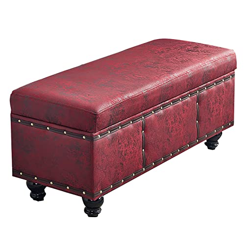 QHLMLL Retro-Leder-Bank, rechteckig, mit Stauraum, Bett-End-Hocker mit gepolstertem Sitz, Schuhwechselhocker für Flur, Wohnzimmer, Schlafzimmer, Rot, 60 x 40 x 45 cm von QHLMLL