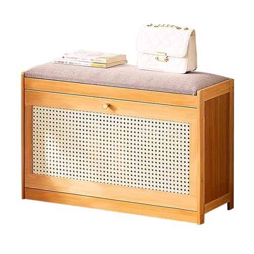 QHLMLL Rustikale Massivholz-Eingangsbank mit Leinenkissen, Sitz und Tür, Aufbewahrungsbank, Schuhbank aus Holz (Größe: 70 x 24 x 44 cm, Farbe: Holz) von QHLMLL