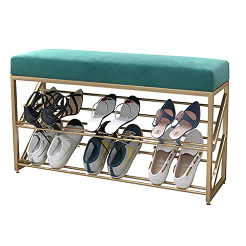 QHLMLL Samtgepolsterte Aufbewahrungsbank mit goldenen Metallbeinen, dünnes, modernes Schuhregal für Zuhause, Schlafzimmer, Wohnzimmer, Eingangsbereich, Schuhbank, Grün, 100 x 25 x 48 cm von QHLMLL