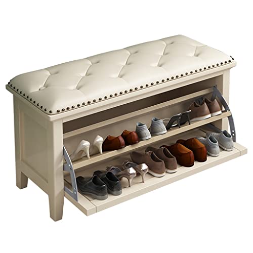 QHLMLL Schuhbank, Eingangsbank, 2-lagige Schuhaufbewahrungsbank, PU-Leder, gepolsterter Schuhwechselhocker, Holz-Schuhschrank für den Eingangsbereich (Farbe: Weiß, Größe: 80 x 32 x 45 cm) von QHLMLL