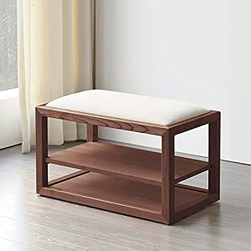 QHLMLL Schuhbank aus Massivholz mit 2-stöckigem Schuhregal und Aufbewahrungshocker für Wohnzimmer, Eingangsbereich, Kissen aus Baumwolle und Leinen, 80 x 45 x 35 cm von QHLMLL