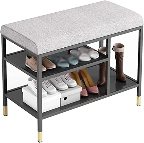 QHLMLL Schuhbank für den Eingangsbereich, mit Stauraum, Metallrahmen, Schuhwickelhocker mit gepolstertem Sitz für Schlafzimmer, Wohnzimmer und Eingangsbereich, Polsterung aus Baumwolle und Leinen von QHLMLL