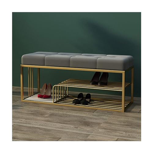 QHLMLL Schuhbank mit Samt-Sitzkissen, 3-stöckiger Eingangsbereich, Flur, Schuhbank, Polsterbank für Schuhregal, goldfarbenes Metallgestell von QHLMLL