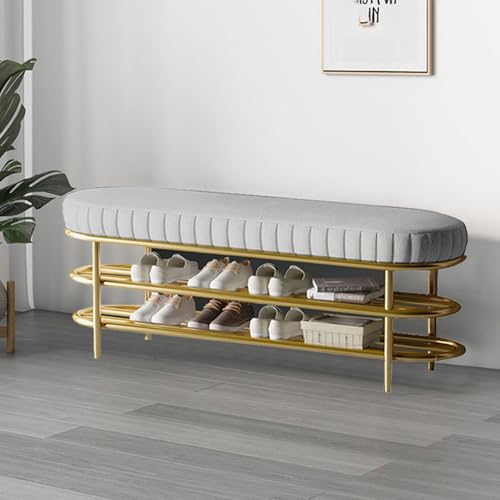 QHLMLL Schuhbank mit gepolstertem Lederkissen, Metallrahmen, Aufbewahrungs-Organizer, 2-stöckige Regale für Eingangsbereich, Wohnzimmer, Schlafzimmer, Flur von QHLMLL