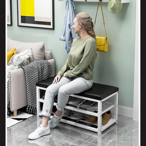 QHLMLL Schuhregal Bank mit Kissen – Eingangs-Organizer für Wohnzimmer, Flur, Schlamm – 3-stöckige Metallrahmenbank, hält 136 kg QHLMLL Schuhregal Bank mit Kissen – Eingangs-Organizer für Wohnzimmer, Flur, Schlamm – 3-stöckige Metallrahmenbank, hält 136 kg von QHLMLL