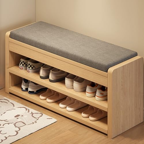 QHLMLL Stoffgepolsterte Schuhbank mit gepolstertem Sitz, 2-stöckiges Schuhregal, Organizer für Eingangsbereich, Tür, Schlafzimmer – Schuhregal aus Holz für Zuhause und Wohnheim von QHLMLL