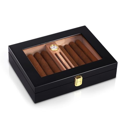 Zedernholz-Zigarren-Humidor, tragbare Mini-Zigarrenschachtel, stabile Feuchtigkeitsversorgung mit Hygrometer, große Kapazität zur Aufbewahrung von 10–18 Zigarren von QHMCD-VRJXJD