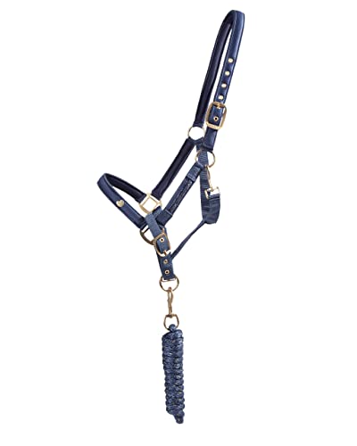 QHP Halfter-Set Lily Halfter + Führstrick glänzend Zierkordel (Warmblut, Navy) von QHP