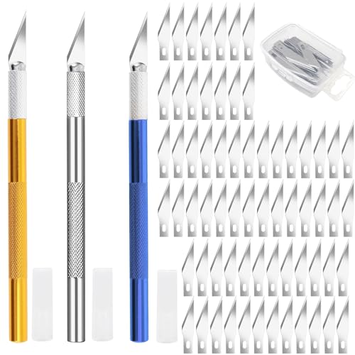 100 Stück Skalpell Set mit 3 Stück Bastelmesser Skalpell, 100 Stück Skalpell Klingen, Hobbymesser mit Schutzkappe,Precision Carving Craft Messer Set zum Schneiden von Fondant Stoff Kohlefolie Basteln von QHSXMQ