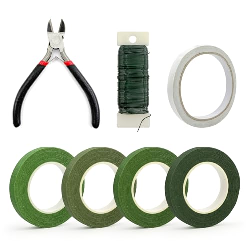 7PCS Blumen Arrangement tool Kit, 4 Rollen Floristenband 27m, Grüner Blumendraht 35m, Draht-Schneider und Doppelseitigem Klebeband, Blumenstieldraht für Wrapping Blumensträuße und floralen Handwerken von QHSXMQ