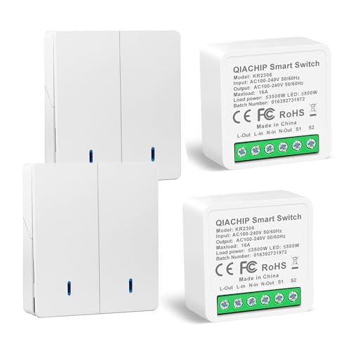 QIACHIP Funk Lichtschalter und Empfänger Set 2,4GHz Störfestigkeit,16A 3000W,Mini-Controller Relais modul mit 2 Wandschalter,unterstützt die Bluetooth-Steuerung QIACHIP Funk Lichtschalter und Empfänger Set 2,4GHz Störfestigkeit,16A 3000W,Mini-Controller Relais modul mit 2 Wandschalter,unterstützt die Bluetooth-Steuerung von QIACHIP