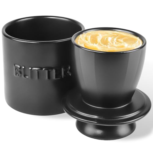 QIAMO Keramik Butterdose, Französische Butterdose mit Deckel, Butterglocke aus Porzellan, Butter Crock Grau mit Wasserlinie, für weiche Butter (Schwarz) von QIAMO