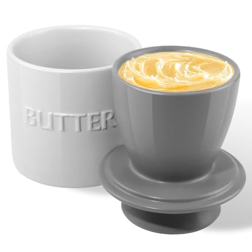 QIAMO Keramik Butterdose, Französische Butterdose mit Deckel, Butterglocke aus Porzellan, Butter Crock Grau mit Wasserlinie, für weiche Butter (weiß) von QIAMO