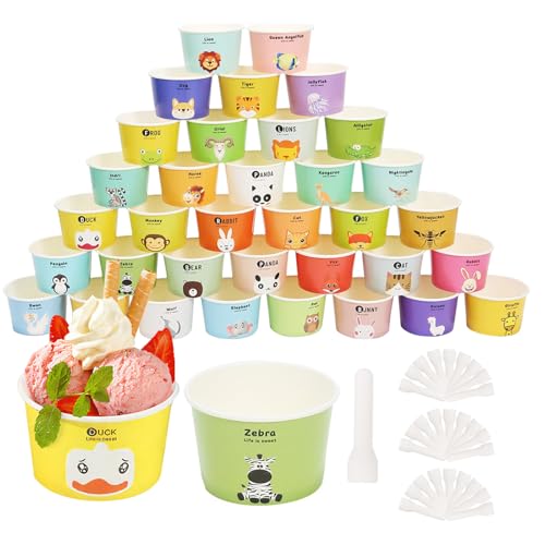 QIANAI Papier Einweg Eisschalen eisdiele eisbecher mit 35 Tierfiguren und Buchstaben, 35PCS Paper Dessertbecher 6 oz 180 ml mit 35 löffel von QIANAI