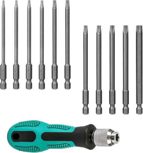 QIANCSJ 12 Stück Torx Schraubendreher Set,1/4" 100 mm Torx Schraubendreher Bit Set Lang mit Griff, T6-T40 S2-Stahl-Magnetische Sternschraubendreher-Satz von QIANCSJ