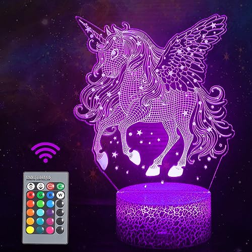 Einhorn Nachtlicht Kinder, Einhorn Spielzeug 3D Illusion Nachttischlampe16 Farben ändern mit Fernbedienung, Kawaii Nachtlicht Baby, Farbwechsel Schlaflicht Kinderzimmer Deko Geburtstag Geschenk von QIANLAINIAO