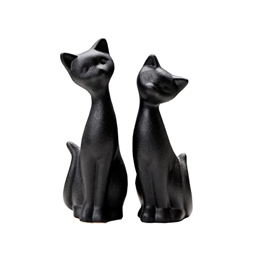 QIANLING 2 x schwarze Katze-Statue, Heimdekoration, Mini-Katzenfiguren, Raumdekoration, matte Keramik, kleine Katze, Figur für Katzenliebhaber, ideal für Innendekoration oder Paare, Hochzeitsgeschenke von QIANLING