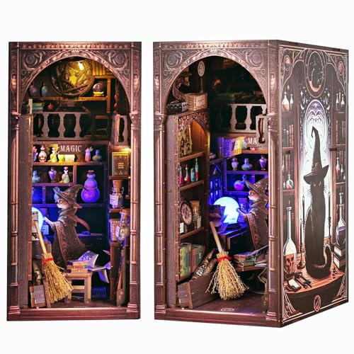QIANLING Magic Wizard Cat 3D Book Nook Kit, DIY Miniature House Booknook Dollhouse Kit for Adults and Teens, 3D Wooden Puzzle Bookend Bookend Bookshelf Insert Decor, Mini Magic House Model Build Gift von QIANLING