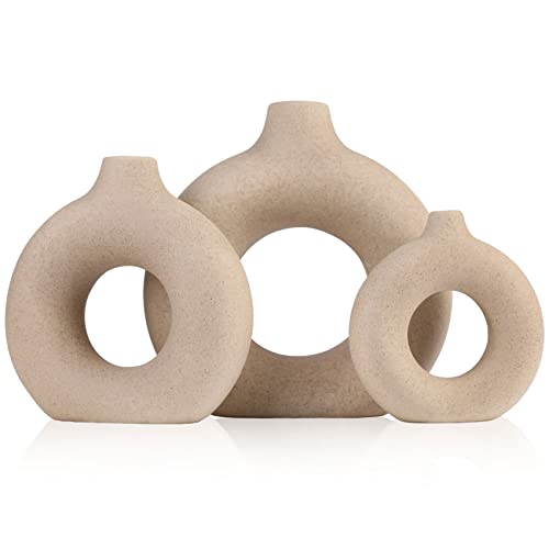 Beige Keramikvase 3er-Set – runde Boho-Vasen für Pampasgras und Blumen, minimalistische matte beige Vasen für Wohnzimmer, Schlafzimmer, Couchtisch, Kamin, Bauernhaus und Tafelaufsätze von QIANLING