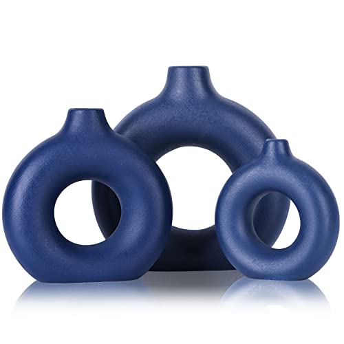 Blaue Keramikvase, 3er-Set, runde Boho-Vasen, blaue Vasen, für Pampasgras und Blumendekoration, minimalistische matte marineblaue Vase für Wohnzimmer, Kamin, Bauernhaus und Tafelaufsätze von QIANLING