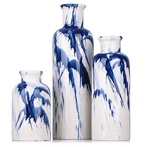 Blaue Keramikvase, 3er-Set – dekorative marineblaue und weiße Vase für Tafelaufsätze, Bauernhaus- und Heimdekoration – ideal für Wohnzimmer, Küche, Schlafzimmer, Esstisch und Bürodekoration von QIANLING