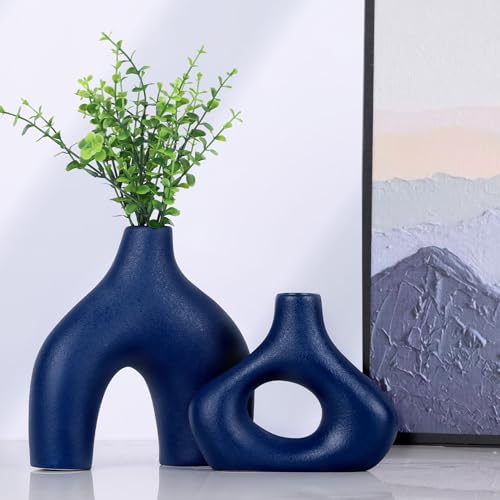 Blaue Keramikvase 2er Set - Moderne Wohnkultur Vasen für Pampasgras und Blumen im nordischen Minimalismus Stil - Perfekt für Wohnzimmer, Hochzeit, Esstisch, Party, Büro, Schlafzimmer Dekor von QIANLING