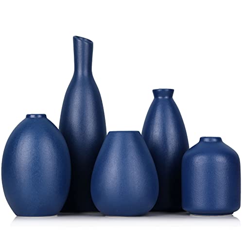 Vase blau - Set mit 5 blauen Keramik Knospenvasen, Moderne Bauernhaus - marineblaue dekorative Vasen für Zuhause, Büro, Wohnzimmer, Tischdekoration – ideale Tafelaufsätze für Blumen, Regal und von QIANLING