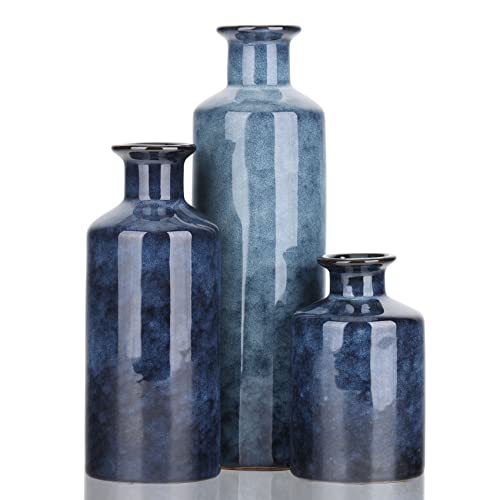 Blaues Keramikvasen-Set – 3 Blaue kleine Vasen, Bauernhaus-Landhaus-Vasen, Heimdekoration, Wohnzimmerdekoration, Tischdekoration, Kamindekoration und Eingangsdekoration von QIANLING