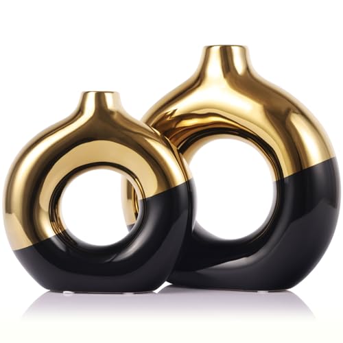 Blumenvase für Wohnkultur – goldene und Schwarze Keramikvasen, 2er-Set, Donut-Vasen für Dekoration, Moderne Boho-Dekovase, runde Hohle Pampasgrasvase, Esstisch, Kaminsims und Tafelaufsatz Blumenvase für Wohnkultur – goldene und Schwarze Keramikvasen, 2er-Set, Donut-Vasen für Dekoration, Moderne Boho-Dekovase, runde Hohle Pampasgrasvase, Esstisch, Kaminsims und Tafelaufsatz von QIANLING
